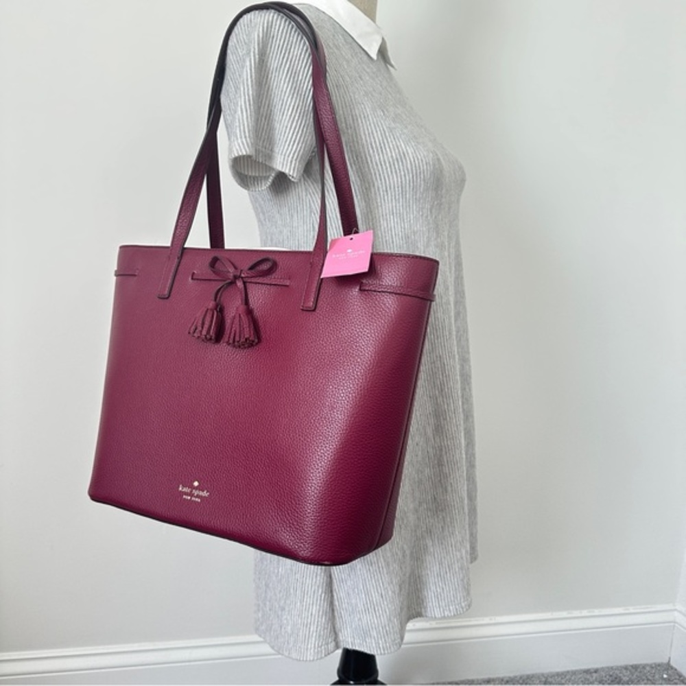 Kate Spade Hayes Top Zip Tote Bag Pebbled Leather in Blackberry - Picture 10 of 10